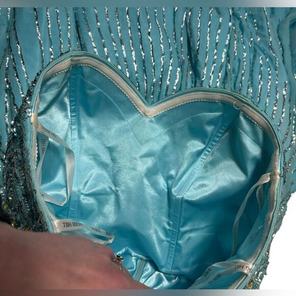 Sherri Hill 100% Silk Light Blue Gown with Sequins Strapless Prom Dress Size 8 - Picture 12 of 15